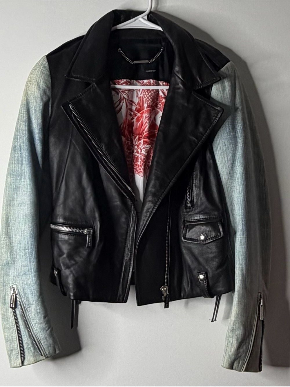 Barbara Bui Black Leather Moto Jacket with Faded Blue-Green Sleeves